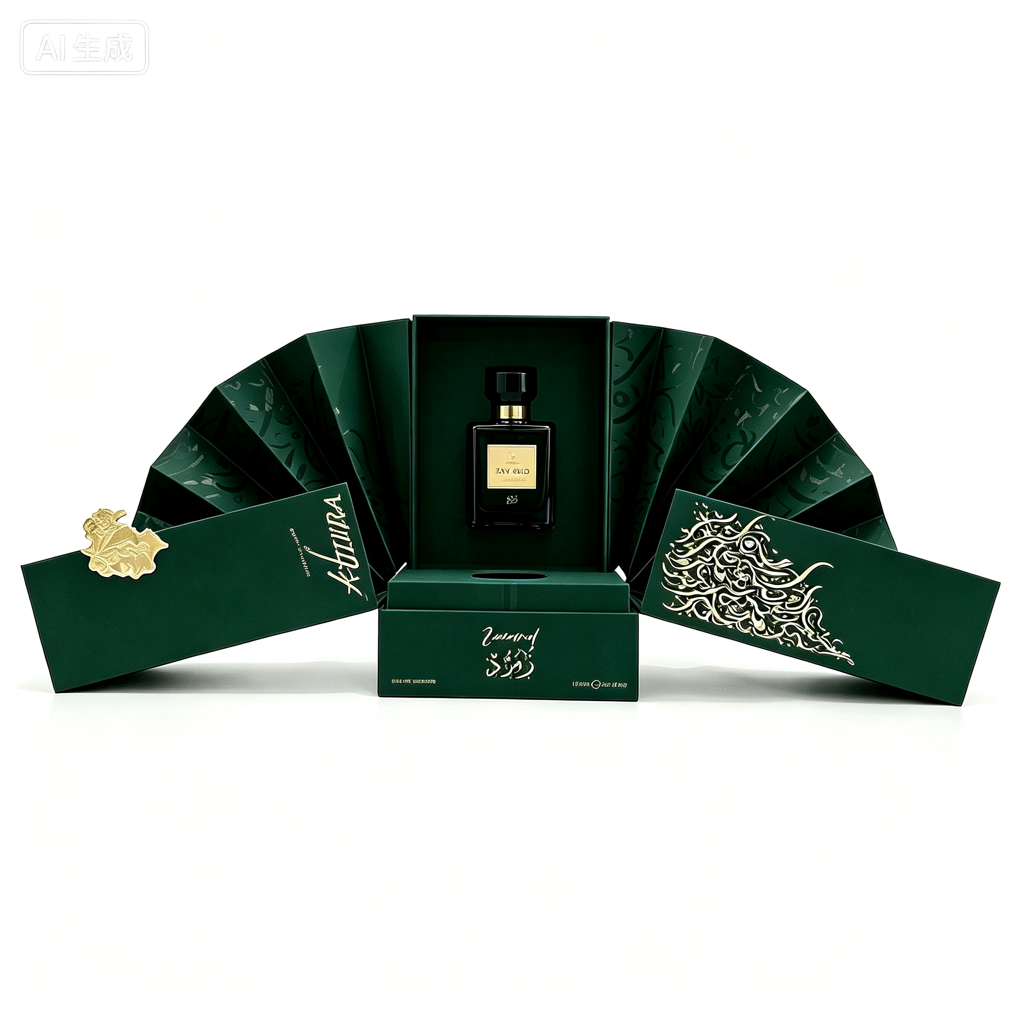 Fan-shaped Rigid Perfume Gift Box Fan unfolding rigid perfume packaging box with double folded fan panels, central cavity holding a perfume bottle, gold hot stamping
